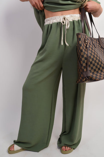 Drawstring Shiny Waist Wide Leg Trouser - She Wears Glory Beverly Hills