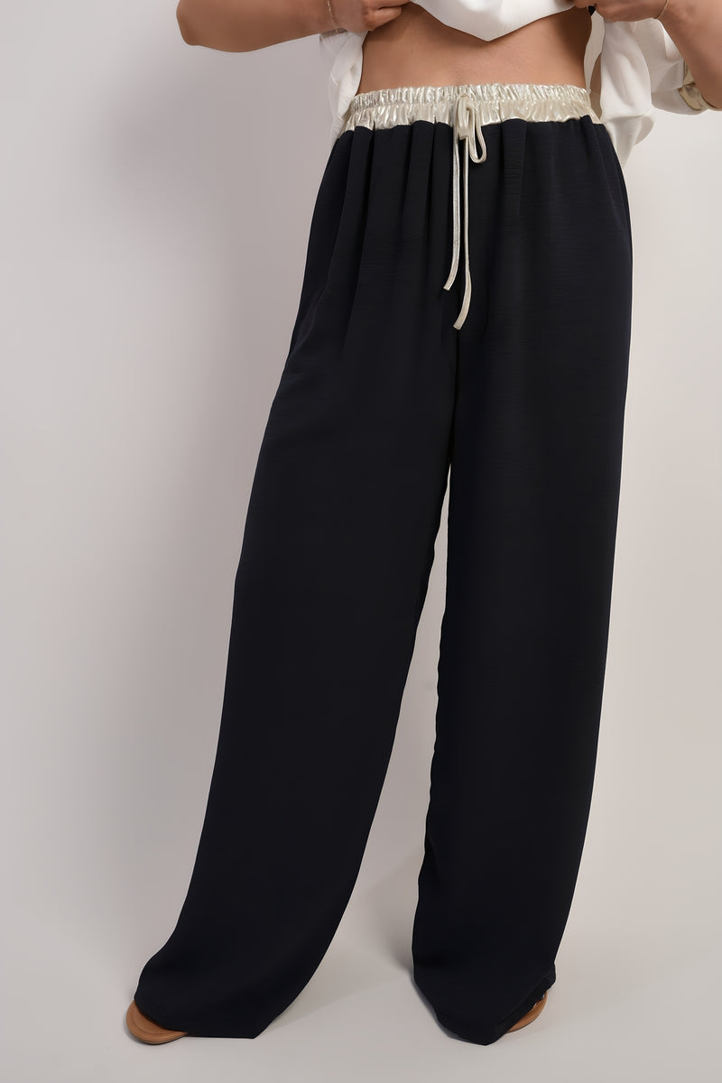 Drawstring Shiny Waist Wide Leg Trouser - She Wears Glory Beverly Hills