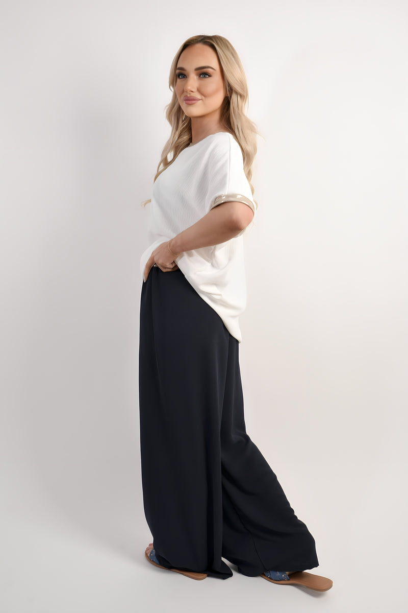 Drawstring Shiny Waist Wide Leg Trouser - She Wears Glory Beverly Hills