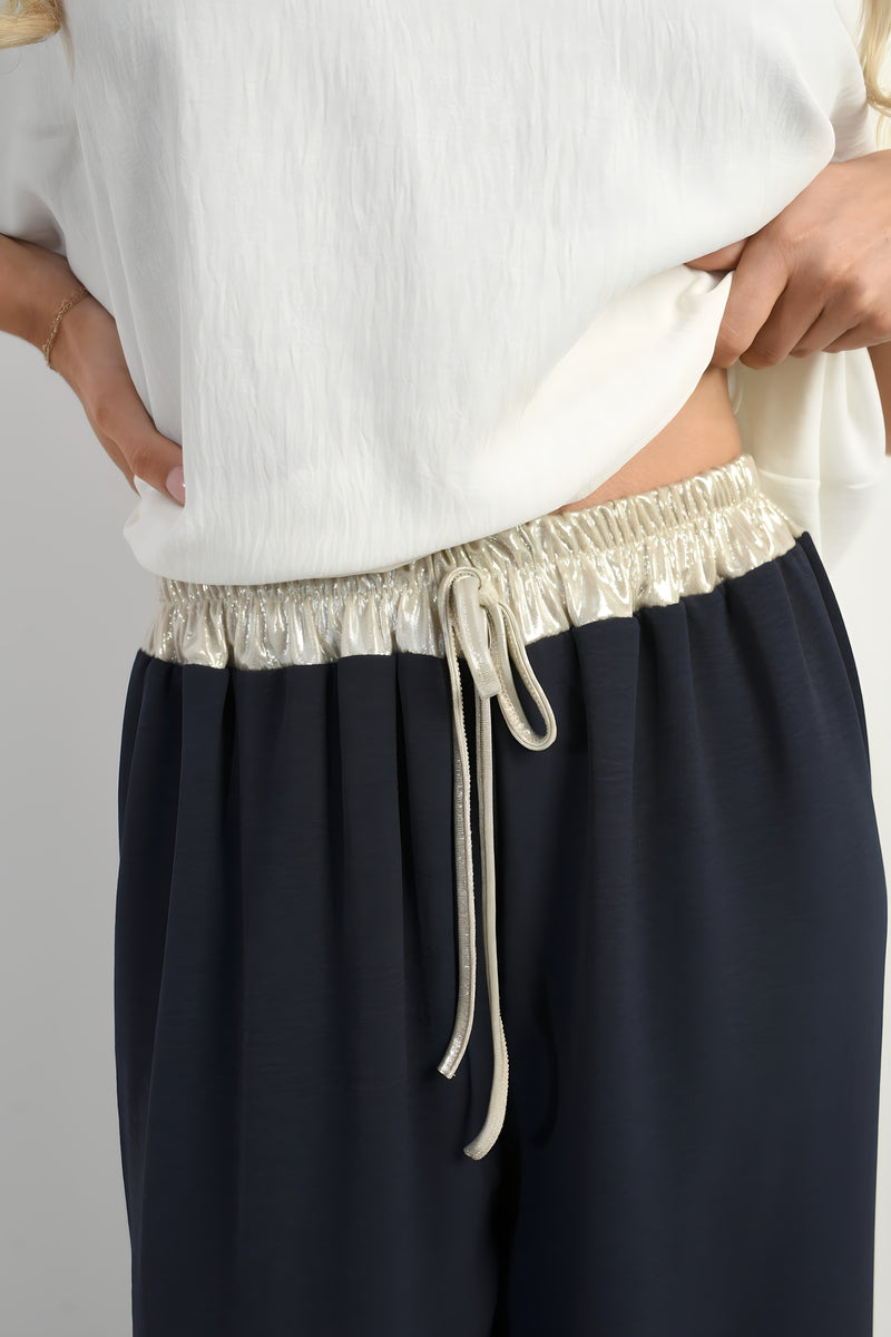 Drawstring Shiny Waist Wide Leg Trouser - She Wears Glory Beverly Hills
