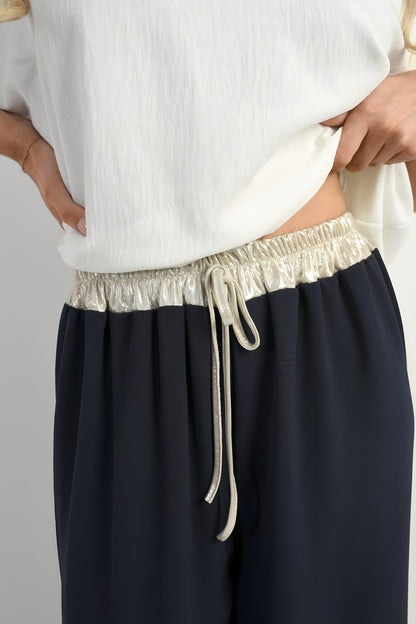 Drawstring Shiny Waist Wide Leg Trouser - She Wears Glory Beverly Hills