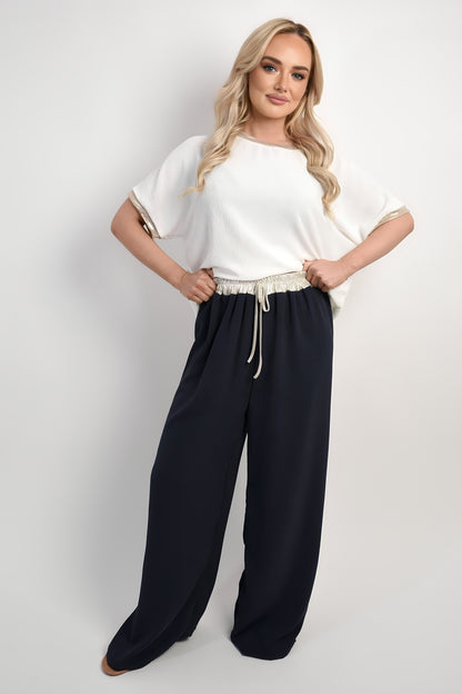 Drawstring Shiny Waist Wide Leg Trouser - She Wears Glory Beverly Hills