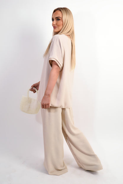 Drawstring Shiny Waist Wide Leg Trouser - She Wears Glory Beverly Hills