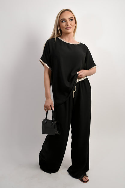 Drawstring Shiny Waist Wide Leg Trouser - She Wears Glory Beverly Hills