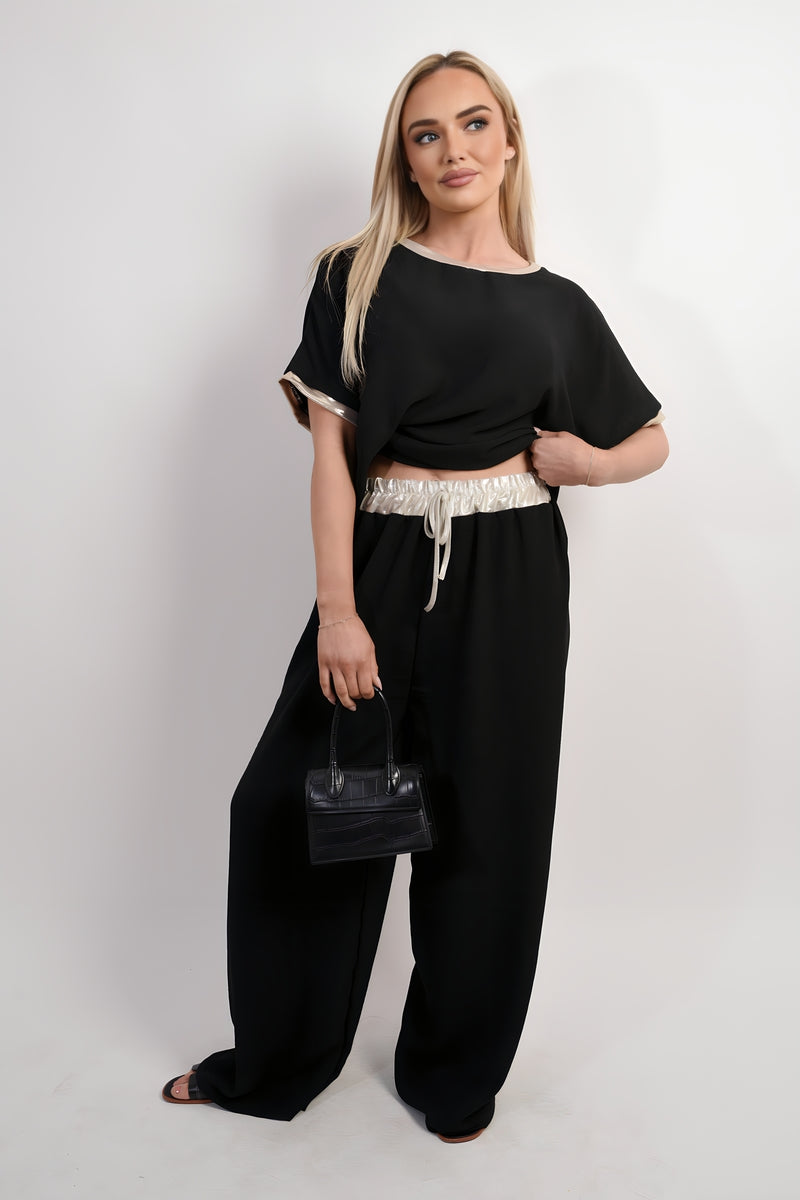Drawstring Shiny Waist Wide Leg Trouser - She Wears Glory Beverly Hills