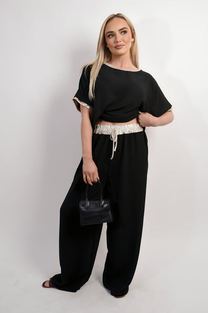 Drawstring Shiny Waist Wide Leg Trouser - She Wears Glory Beverly Hills