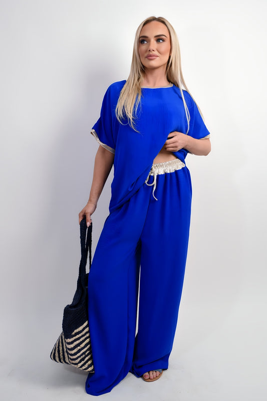 Drawstring Shiny Waist Wide Leg Trouser - She Wears Glory Beverly Hills