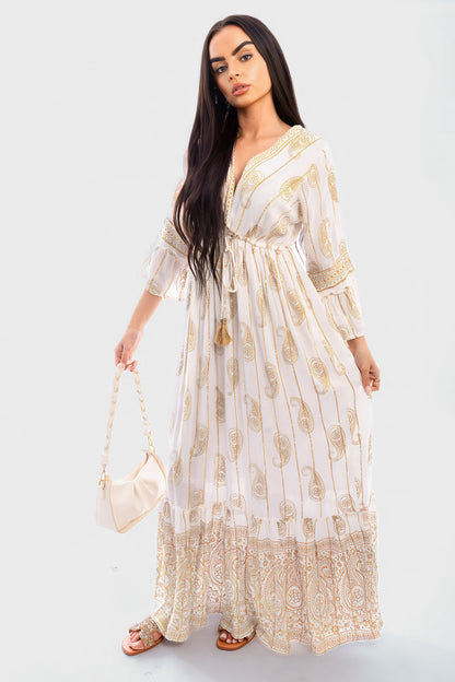 V-neck Tassel Detail Embellished Boho Maxi Dress - She Wears Glory Beverly Hills