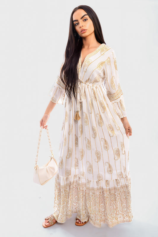 V-neck Tassel Detail Embellished Boho Maxi Dress - She Wears Glory Beverly Hills
