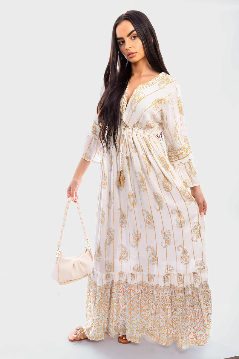 V-neck Tassel Detail Embellished Boho Maxi Dress - She Wears Glory Beverly Hills