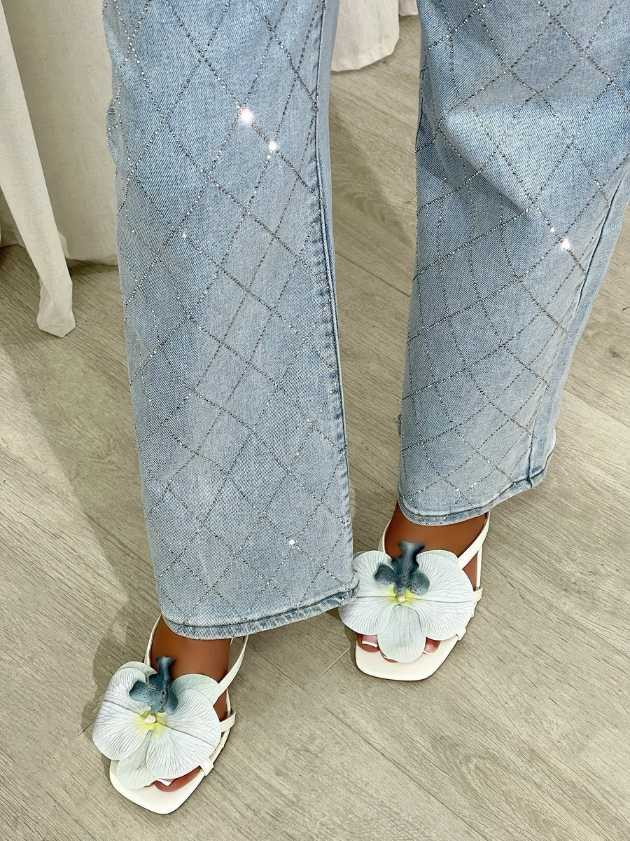 Diamond Pattern Embellished High Waisted Jeans - She Wears Glory Beverly Hills