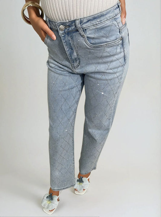 Diamond Pattern Embellished High Waisted Jeans - She Wears Glory Beverly Hills