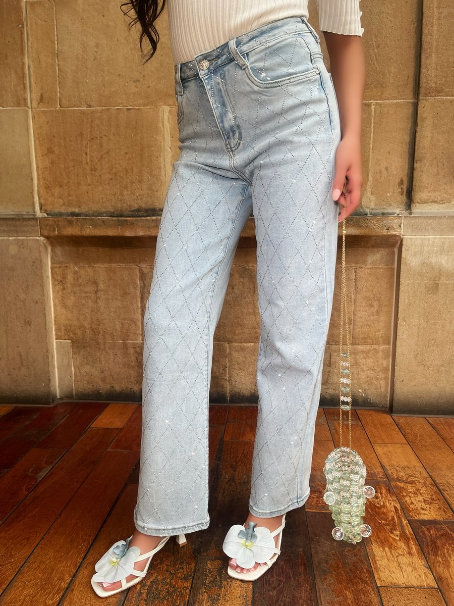 Diamond Pattern Embellished High Waisted Jeans - She Wears Glory Beverly Hills