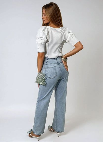 Diamond Pattern Embellished High Waisted Jeans - She Wears Glory Beverly Hills
