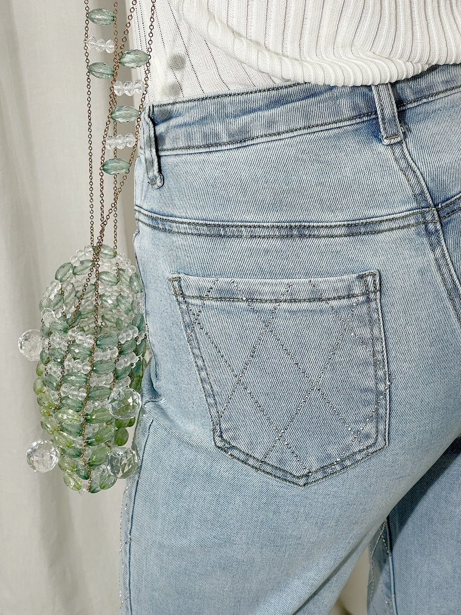 Diamond Pattern Embellished High Waisted Jeans - She Wears Glory Beverly Hills