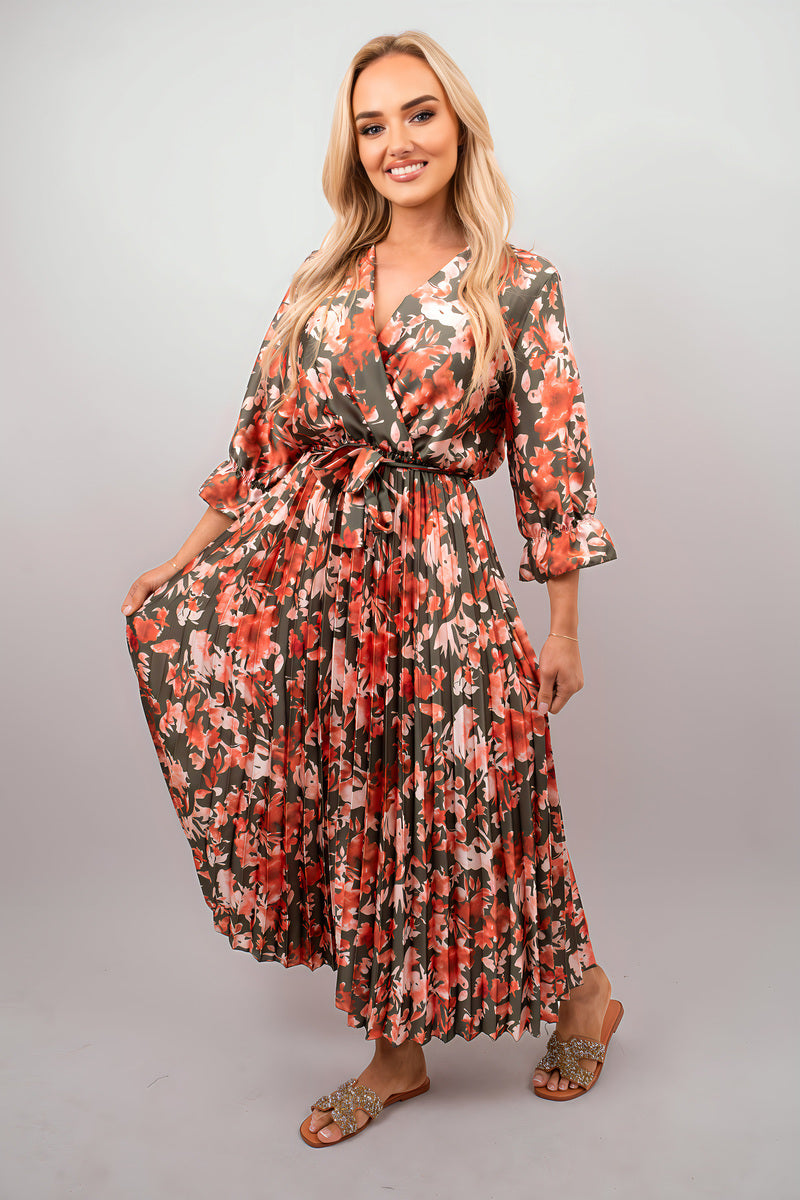 Floral Printed Long Sleeve Pleated Midi Dress - She Wears Glory Beverly Hills