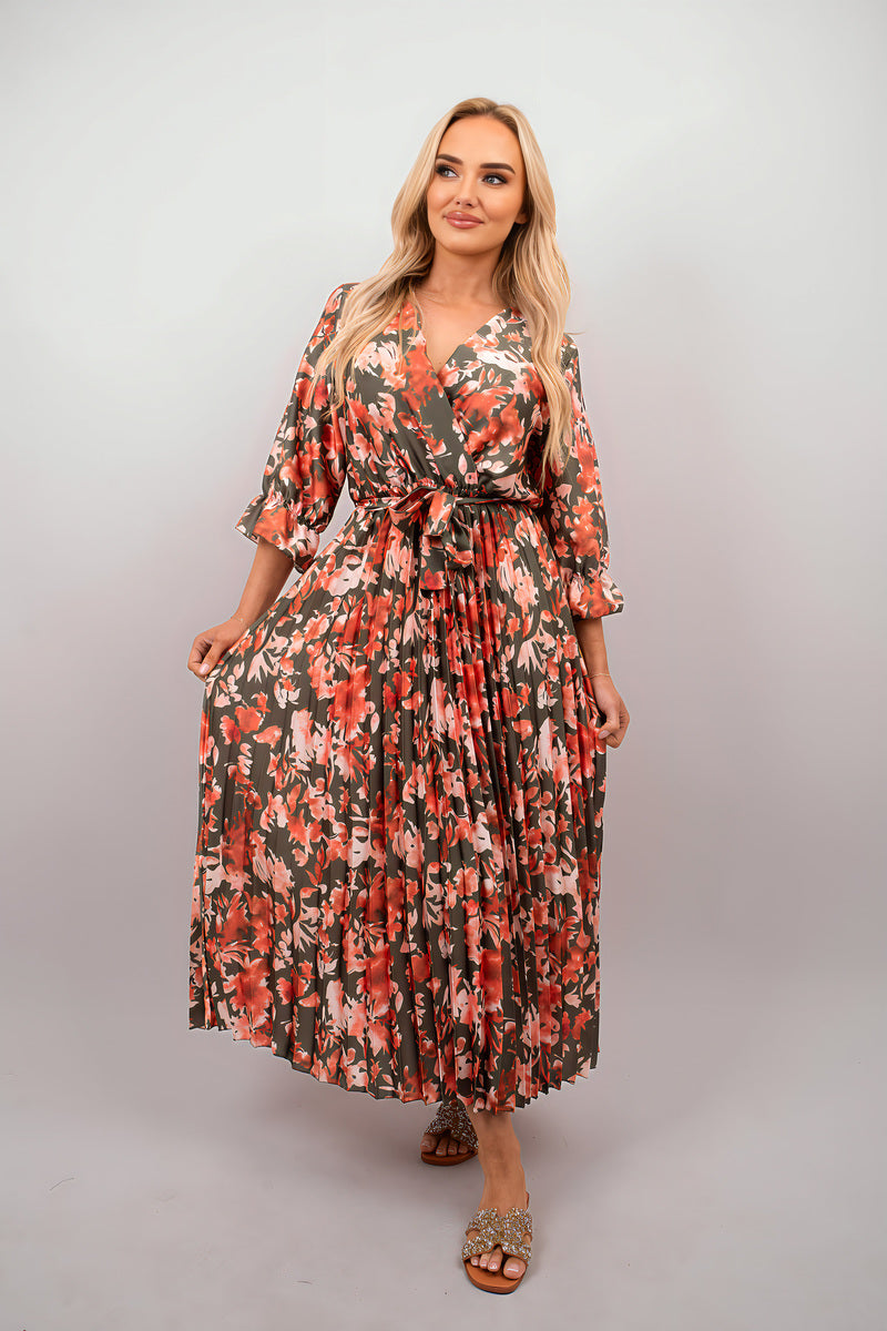 Floral Printed Long Sleeve Pleated Midi Dress - She Wears Glory Beverly Hills