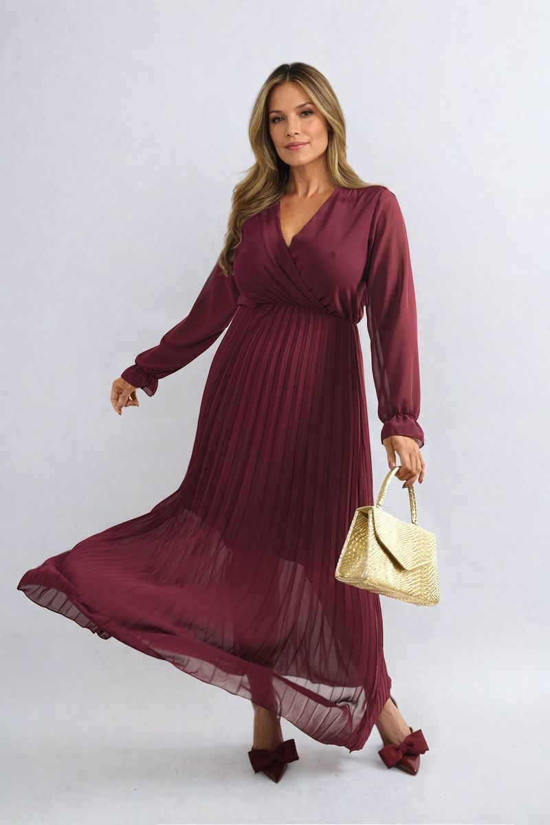 Long Sleeve V-Neck Pleated Maxi Dress - She Wears Glory Beverly Hills
