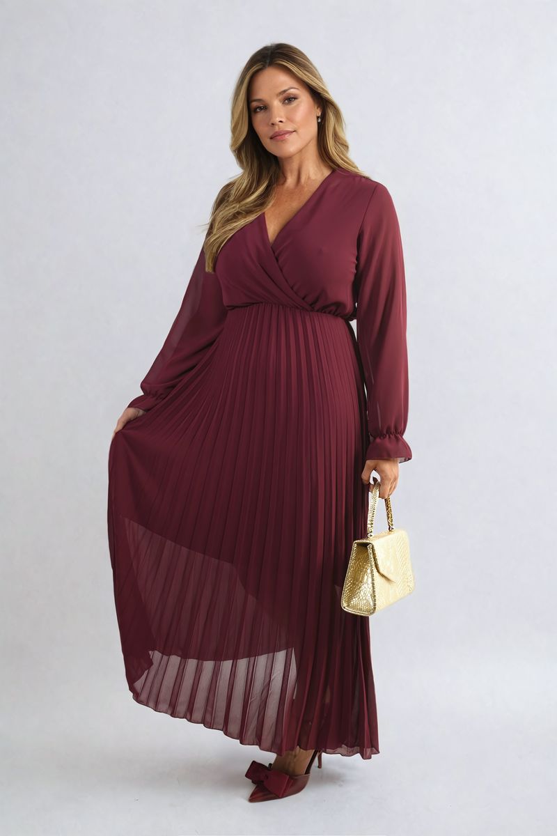 Long Sleeve V-Neck Pleated Maxi Dress - She Wears Glory Beverly Hills