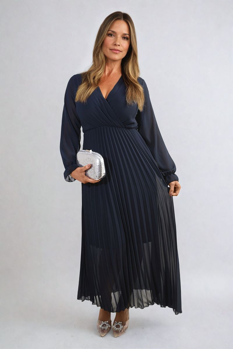 Long Sleeve V-Neck Pleated Maxi Dress - She Wears Glory Beverly Hills