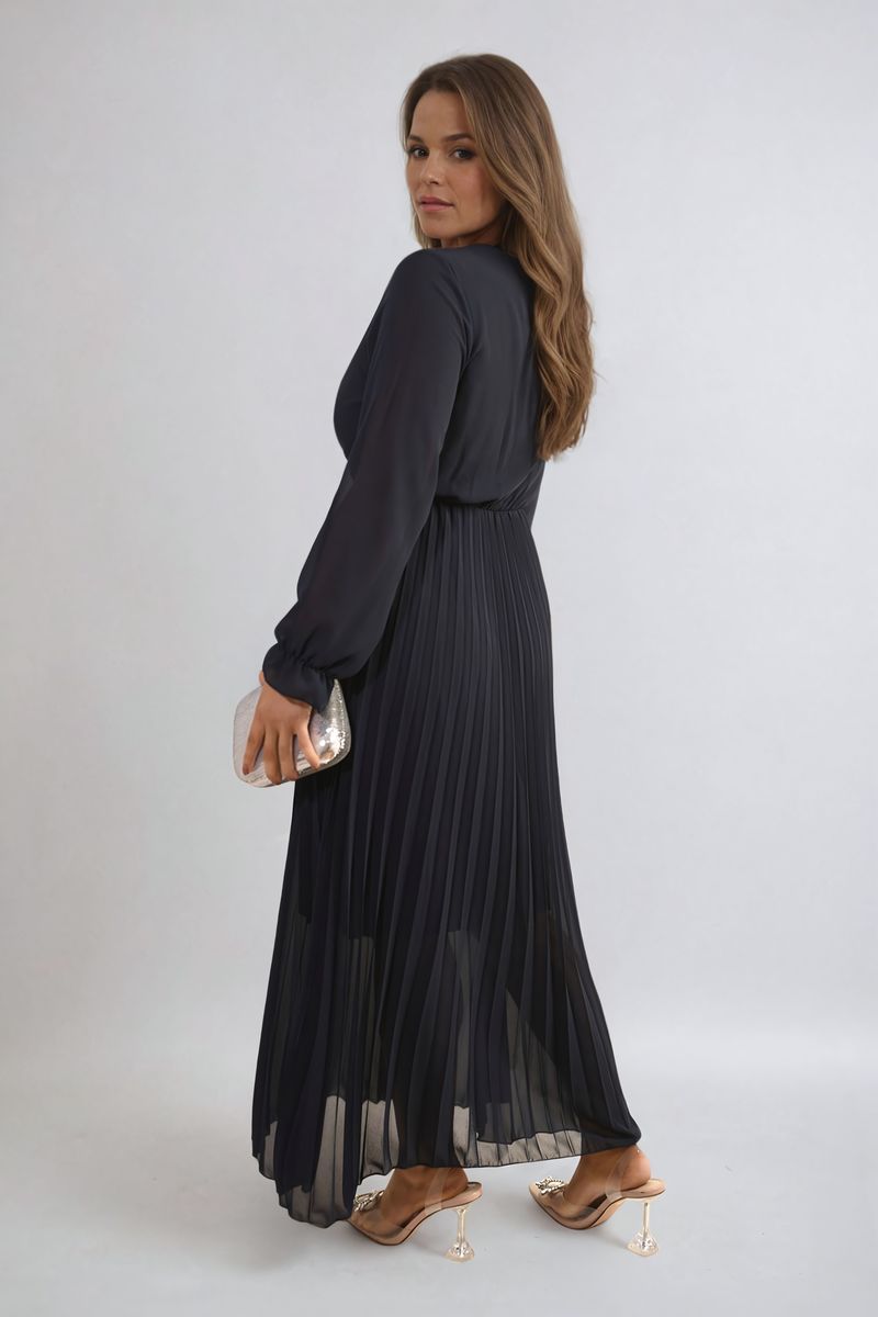 Long Sleeve V-Neck Pleated Maxi Dress - She Wears Glory Beverly Hills