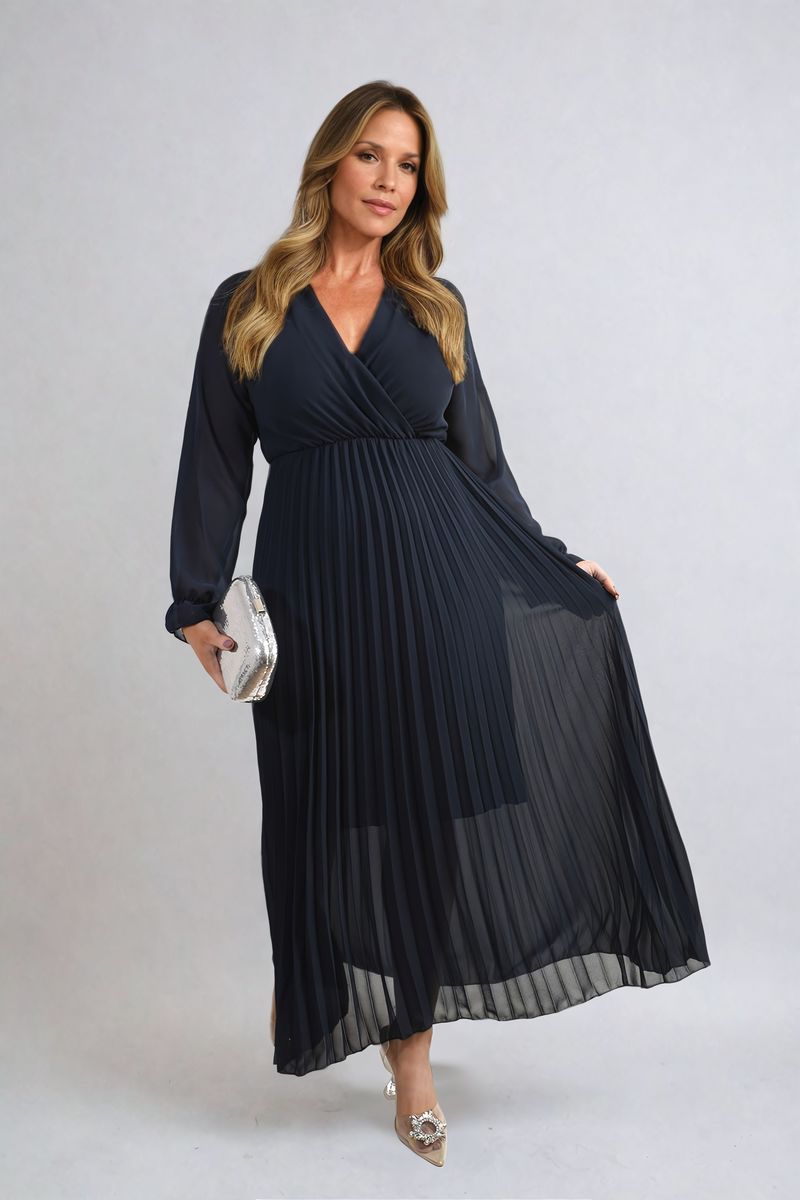 Long Sleeve V-Neck Pleated Maxi Dress - She Wears Glory Beverly Hills
