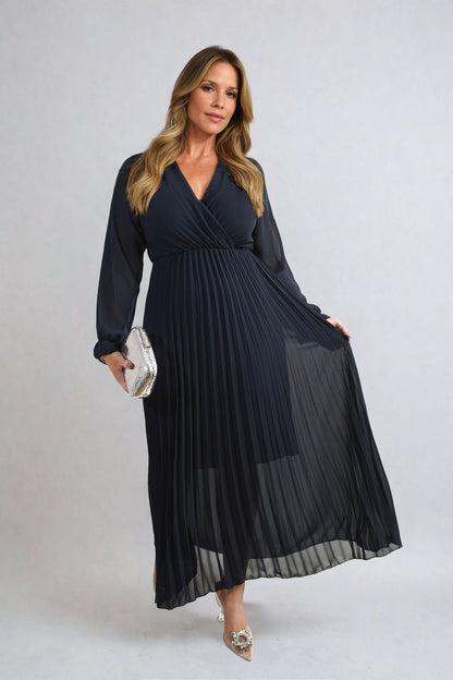 Long Sleeve V-Neck Pleated Maxi Dress - She Wears Glory Beverly Hills