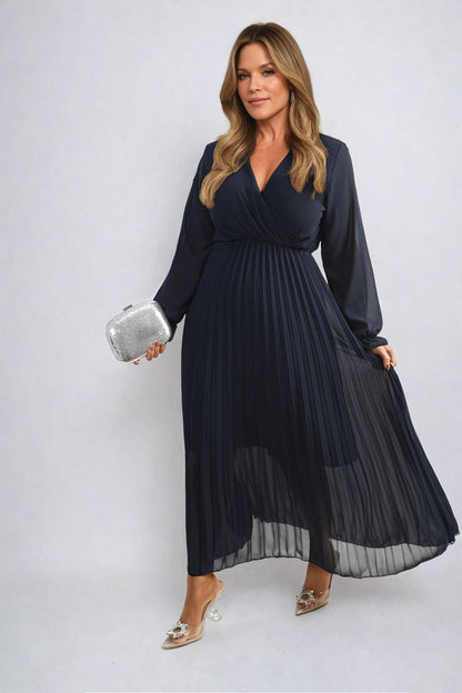 Long Sleeve V-Neck Pleated Maxi Dress - She Wears Glory Beverly Hills