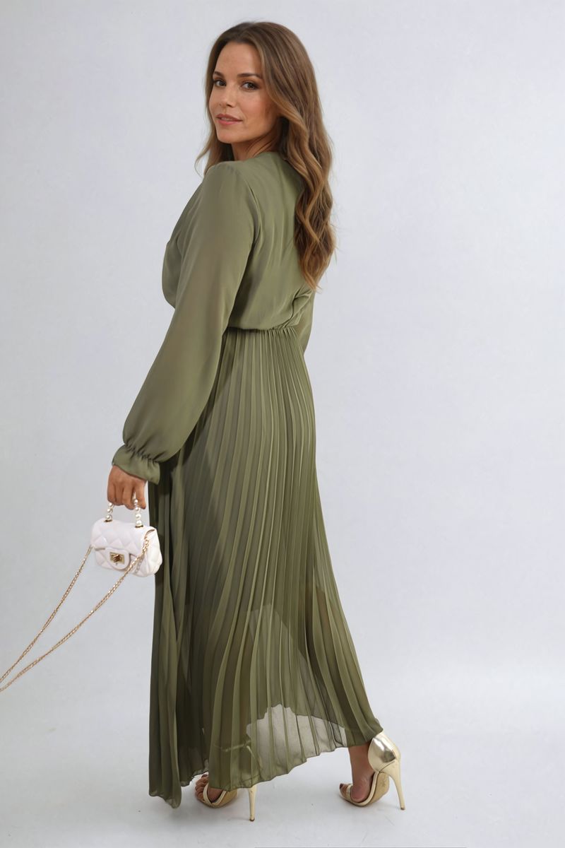 Long Sleeve V-Neck Pleated Maxi Dress - She Wears Glory Beverly Hills