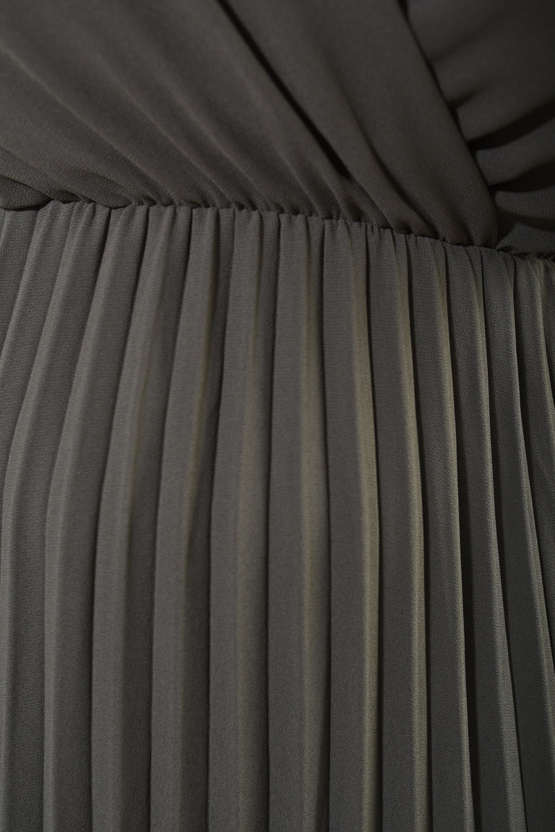 Long Sleeve V-Neck Pleated Maxi Dress - She Wears Glory Beverly Hills