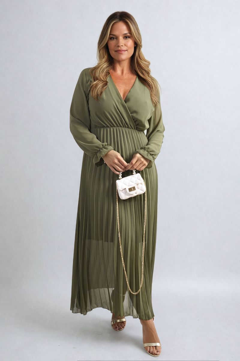 Long Sleeve V-Neck Pleated Maxi Dress - She Wears Glory Beverly Hills