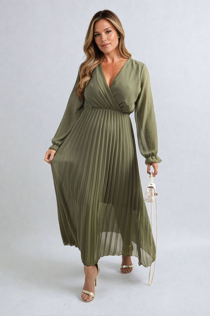 Long Sleeve V-Neck Pleated Maxi Dress - She Wears Glory Beverly Hills