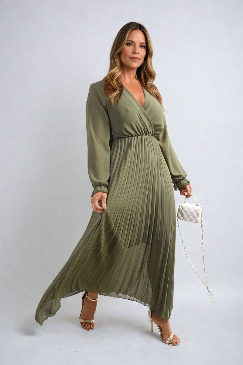 Long Sleeve V-Neck Pleated Maxi Dress - She Wears Glory Beverly Hills