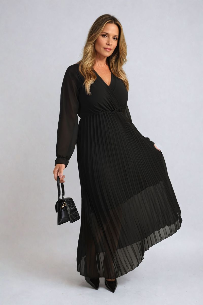 Long Sleeve V-Neck Pleated Maxi Dress - She Wears Glory Beverly Hills