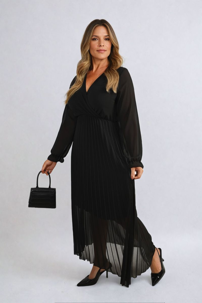 Long Sleeve V-Neck Pleated Maxi Dress - She Wears Glory Beverly Hills