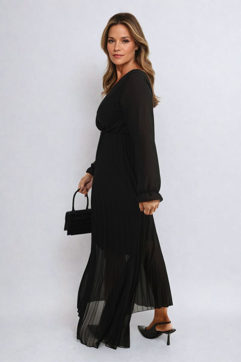 Long Sleeve V-Neck Pleated Maxi Dress - She Wears Glory Beverly Hills
