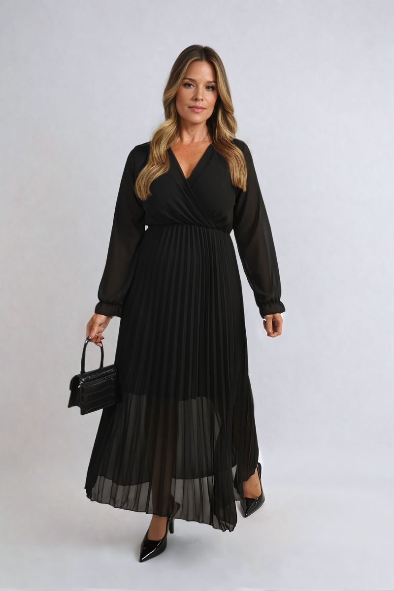 Long Sleeve V-Neck Pleated Maxi Dress - She Wears Glory Beverly Hills