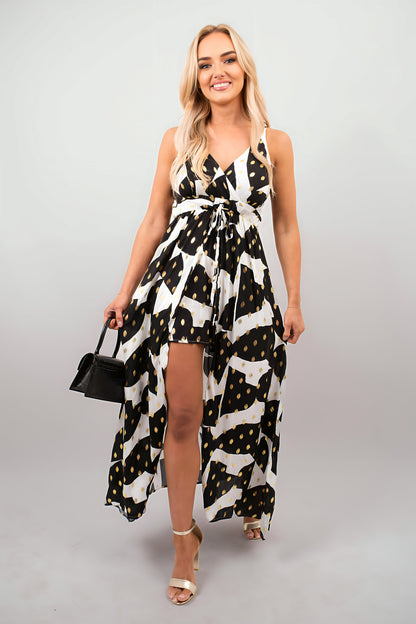 Printed V-Neck Sleeveless Romper Midi Dress - She Wears Glory Beverly Hills