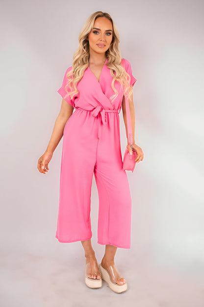 Wrap Short Sleeve Wide Leg Jumpsuit with Tie Waist - She Wears Glory Beverly Hills