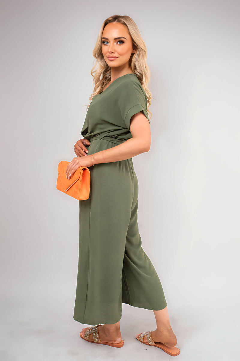 Wrap Short Sleeve Wide Leg Jumpsuit with Tie Waist - She Wears Glory Beverly Hills