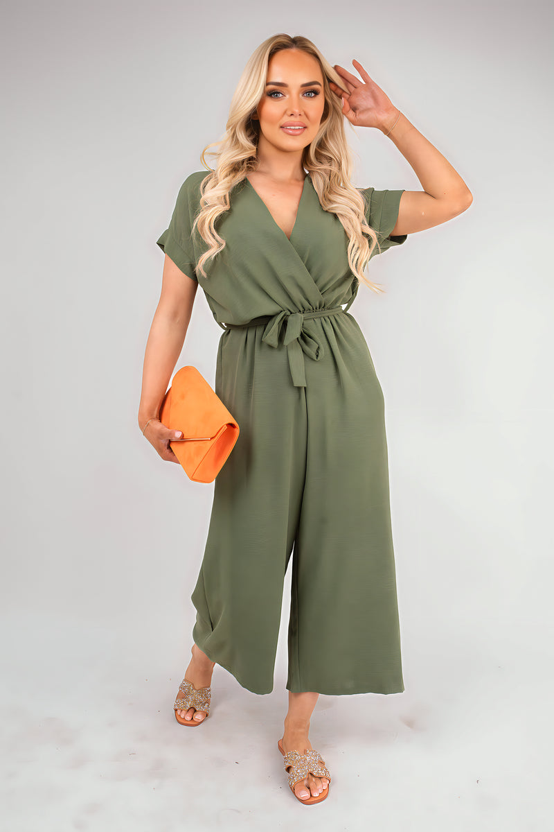 Wrap Short Sleeve Wide Leg Jumpsuit with Tie Waist - She Wears Glory Beverly Hills