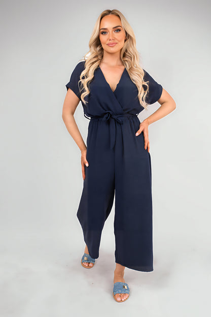 Wrap Short Sleeve Wide Leg Jumpsuit with Tie Waist - She Wears Glory Beverly Hills