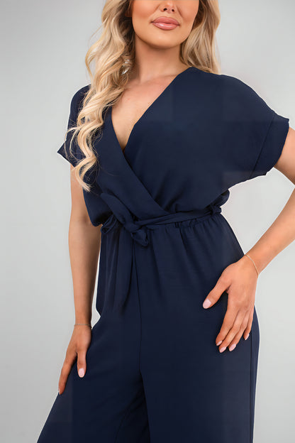 Wrap Short Sleeve Wide Leg Jumpsuit with Tie Waist - She Wears Glory Beverly Hills