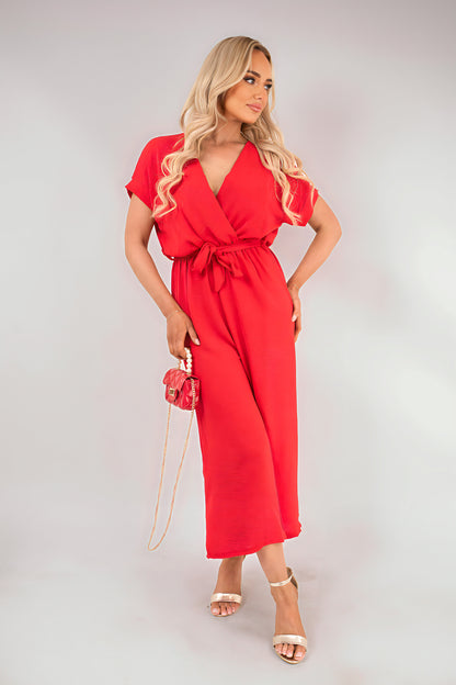 Wrap Short Sleeve Wide Leg Jumpsuit with Tie Waist - She Wears Glory Beverly Hills