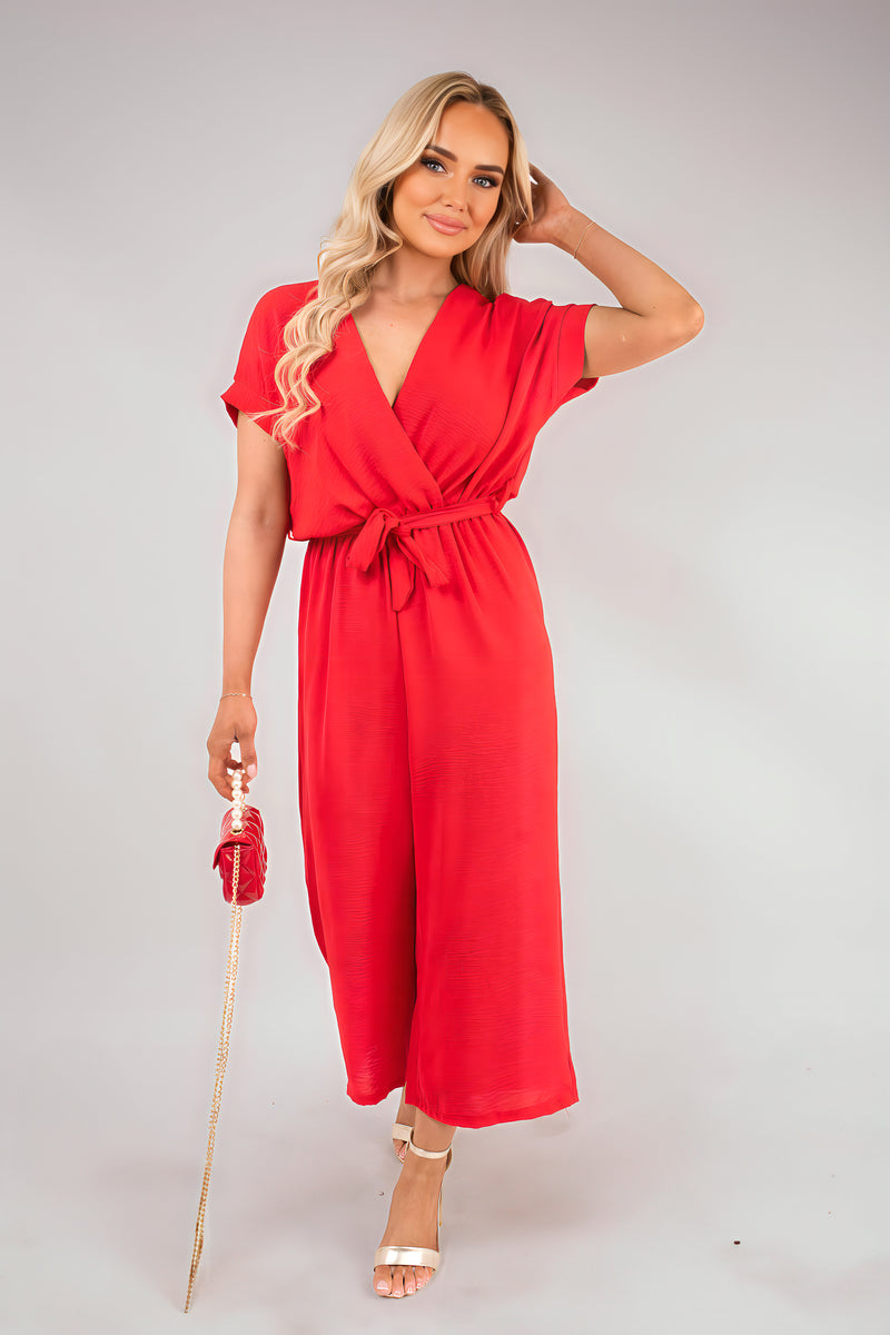 Wrap Short Sleeve Wide Leg Jumpsuit with Tie Waist - She Wears Glory Beverly Hills