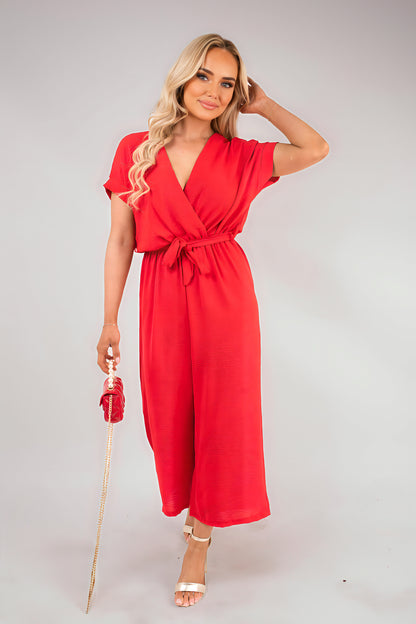Wrap Short Sleeve Wide Leg Jumpsuit with Tie Waist - She Wears Glory Beverly Hills