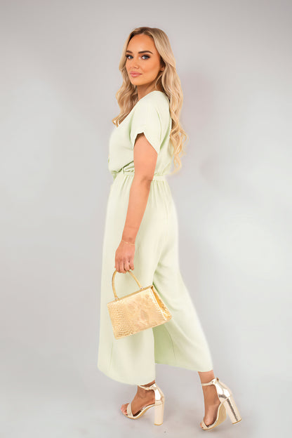 Wrap Short Sleeve Wide Leg Jumpsuit with Tie Waist - She Wears Glory Beverly Hills