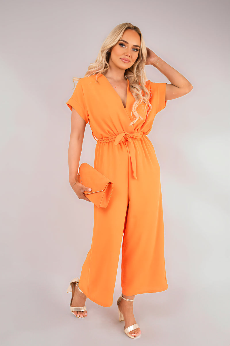 Wrap Short Sleeve Wide Leg Jumpsuit with Tie Waist - She Wears Glory Beverly Hills