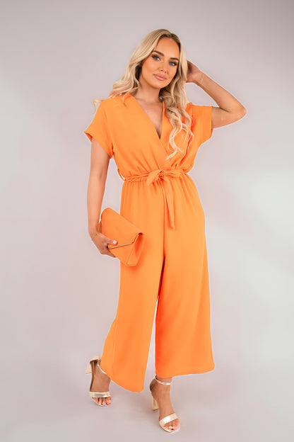 Wrap Short Sleeve Wide Leg Jumpsuit with Tie Waist - She Wears Glory Beverly Hills
