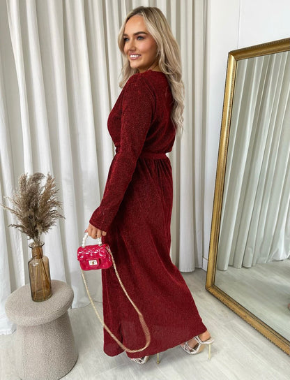 Elegant V Neck Tie Waist Glittery Maxi Dress - She Wears Glory Beverly Hills